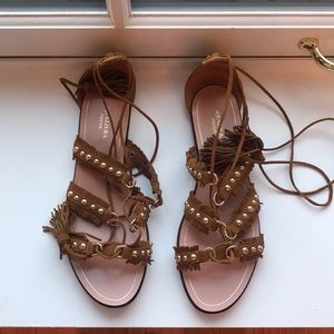 Aquazurra Tulum brown suede tassel sandals